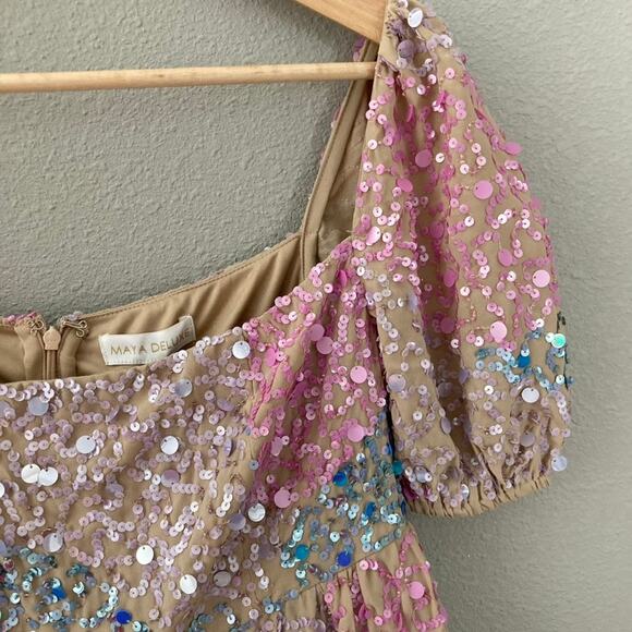 Maya Deluxe NEW Puff Sleeve Sequin Embellished Mini Dress - Gold Multi - 6 - Picture 3 of 10